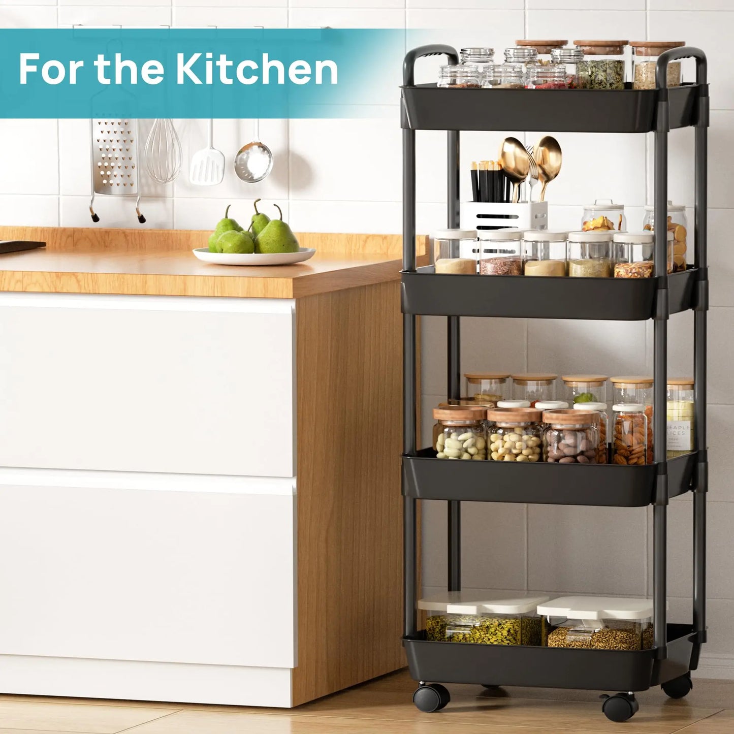 Plastic Rolling Utility Cart with Handle – Movable Storage Trolley with Wheels for Kitchen, Office & Living Room
