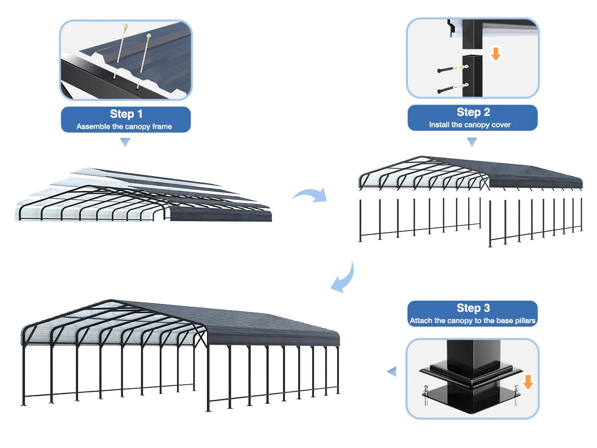 Multi‑Size Metal Carport (10×15 to 20×40 FT) – Heavy‑Duty Galvanized Outdoor Garage Shelter with Enhanced Base