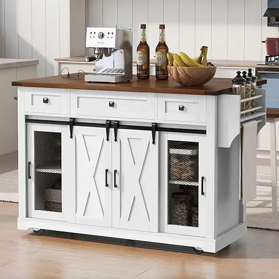 Farmhouse Kitchen Island Cart on Wheels with Drop Leaf & Power Outlet, Sliding Barn Door Storage Cabinet