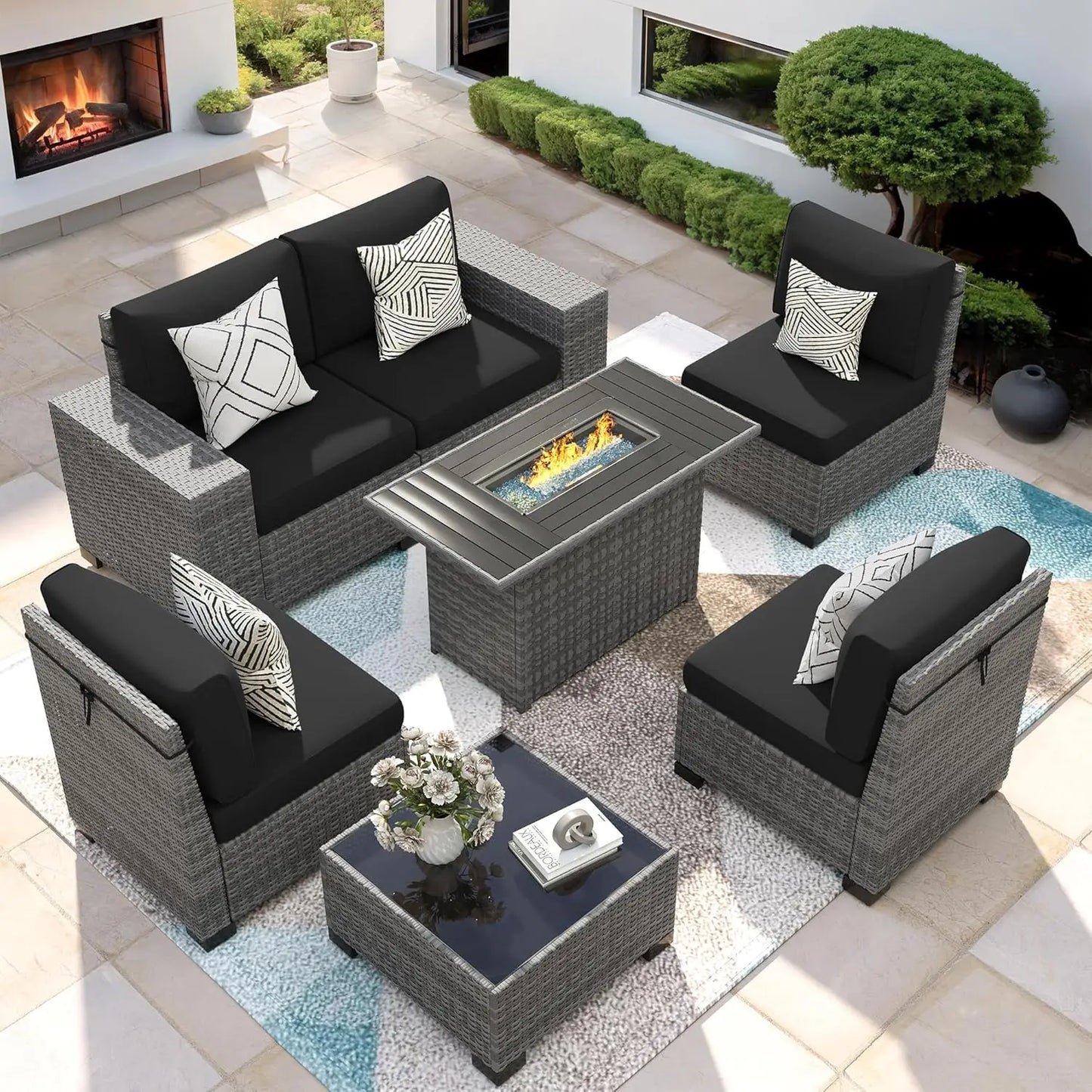 7‑Piece Patio Furniture Set with Fire Pit Table – Wicker Rattan Outdoor Sectional Conversation Set