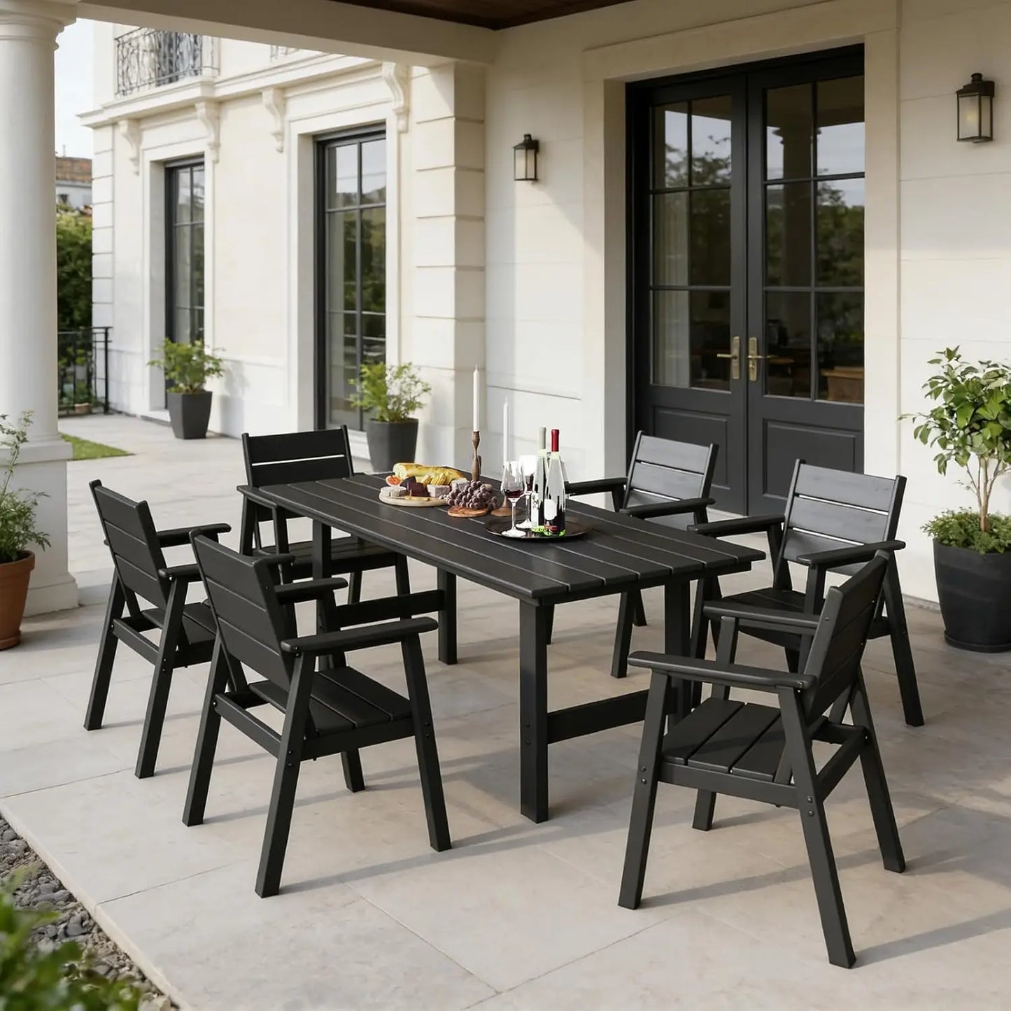 7‑Piece All‑Weather Outdoor Dining Set – 6 Seats, Table with Umbrella Hole, Black
