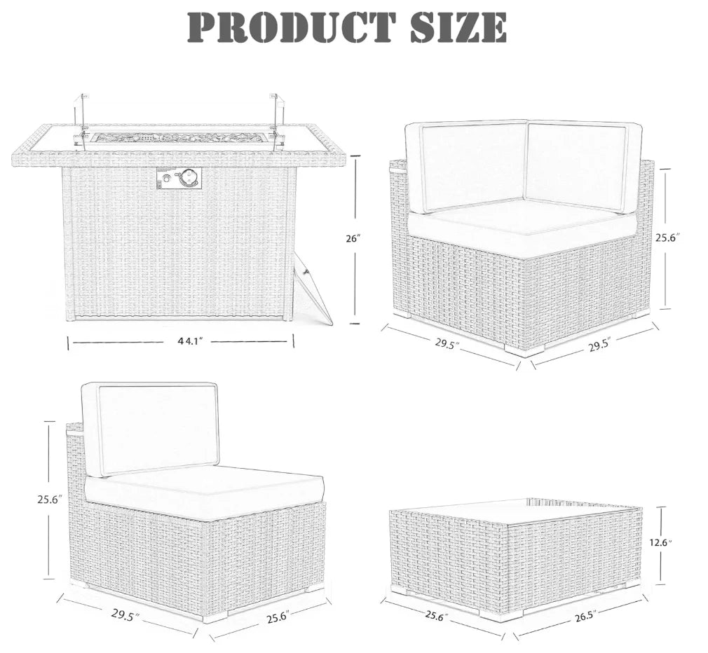 8 Piece Patio Furniture Set with 44" Propane Gas Fire Pit Table, Outdoor Sectional Wicker