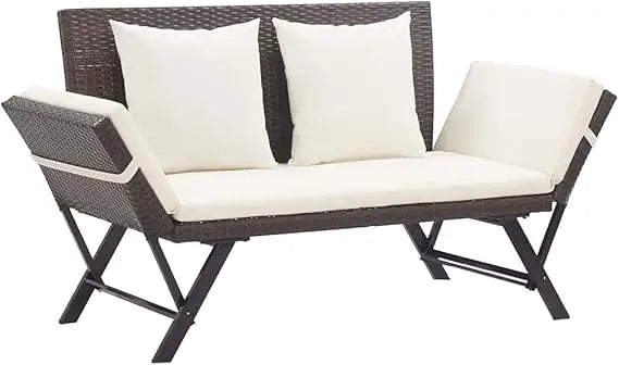 Convertible Bench to Day Bed, Brown Poly Rattan with Cushions, Adjustable Sides