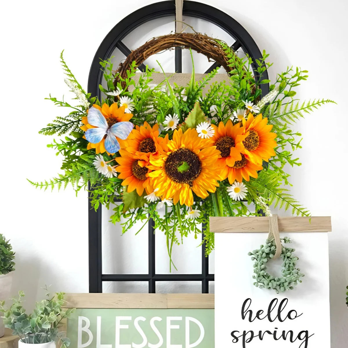 Artificial Sunflowers Wreath Spring Summer Floral Swags with Butterfly Fake Yellow Sunflower Rattan Garland for Front Door Decor