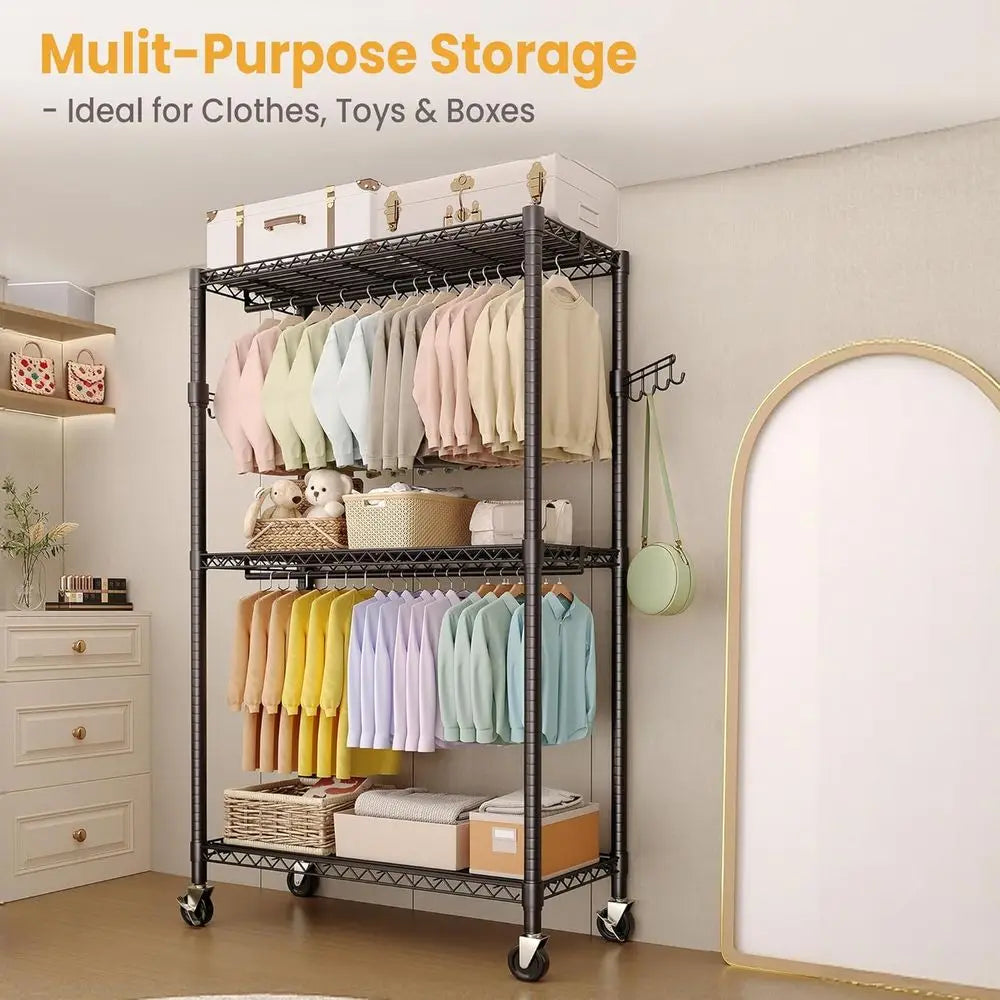 3‑Tier Clothes Rack with Wheels – Adjustable Shelves & Dual Hanging Rods