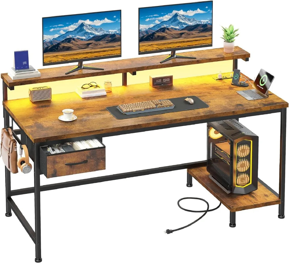 47" Office Desk with Power Outlet & Ergonomic Monitor with CPU Stand & LED Lights