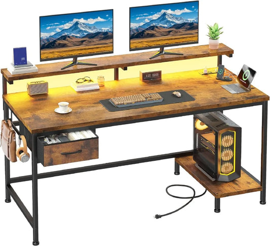 47" Office Desk with Power Outlet & Ergonomic Monitor with CPU Stand & LED Lights