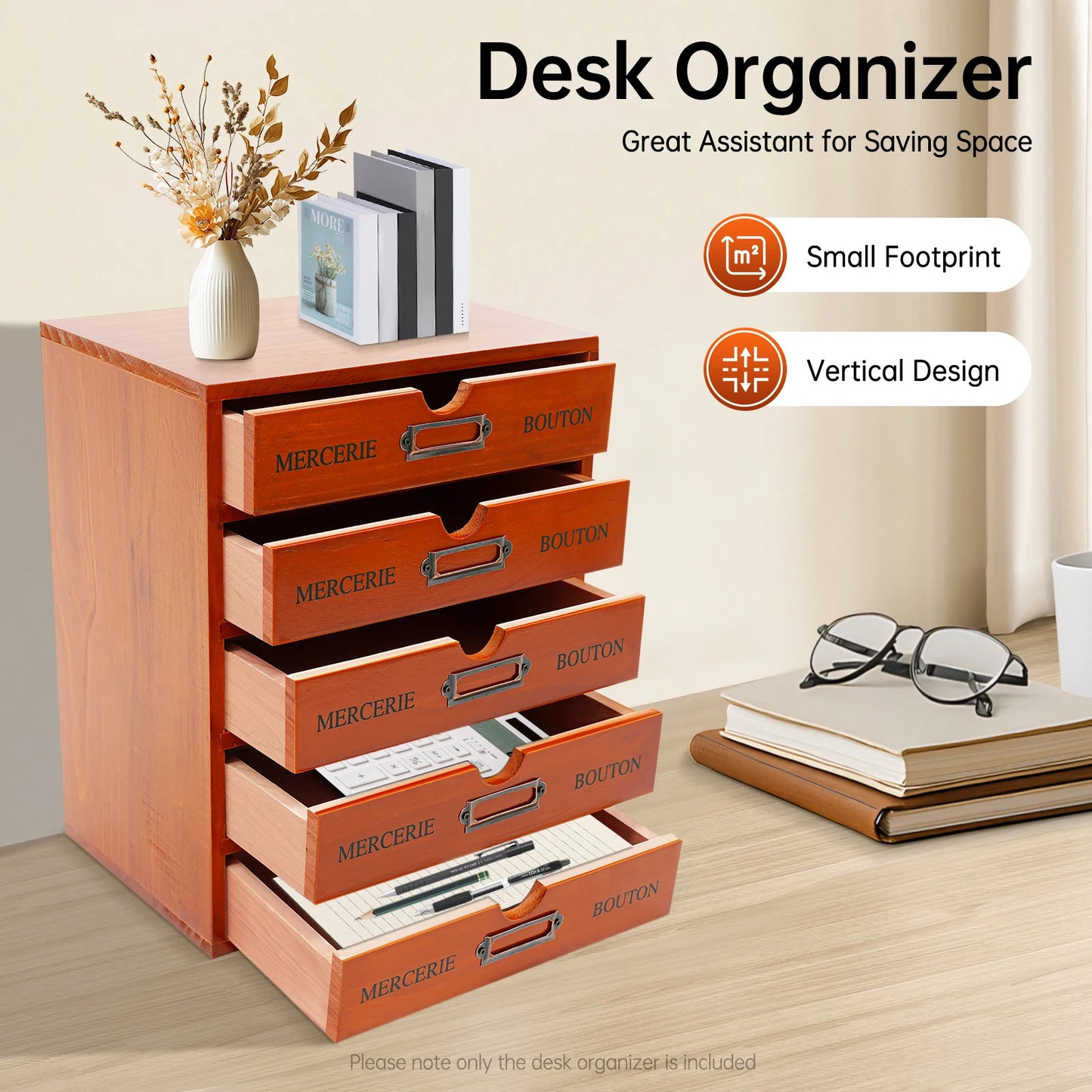 5‑Drawer Wooden Storage Organizer – Small Desktop Drawer Unit (9" × 7")