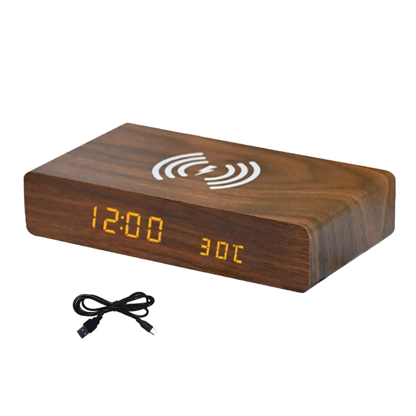 Minimalist Wooden Digital Clock – Wireless Charging Bedside Alarm
