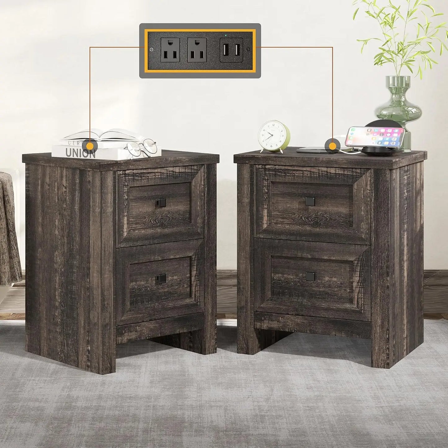 Set of 2 Farmhouse Nightstands – Rustic Bedside Tables with Storage & Charging Outlets