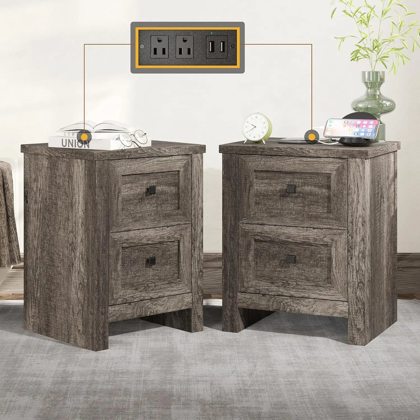 Set of 2 Farmhouse Nightstands – Rustic Bedside Tables with Storage & Charging Outlets