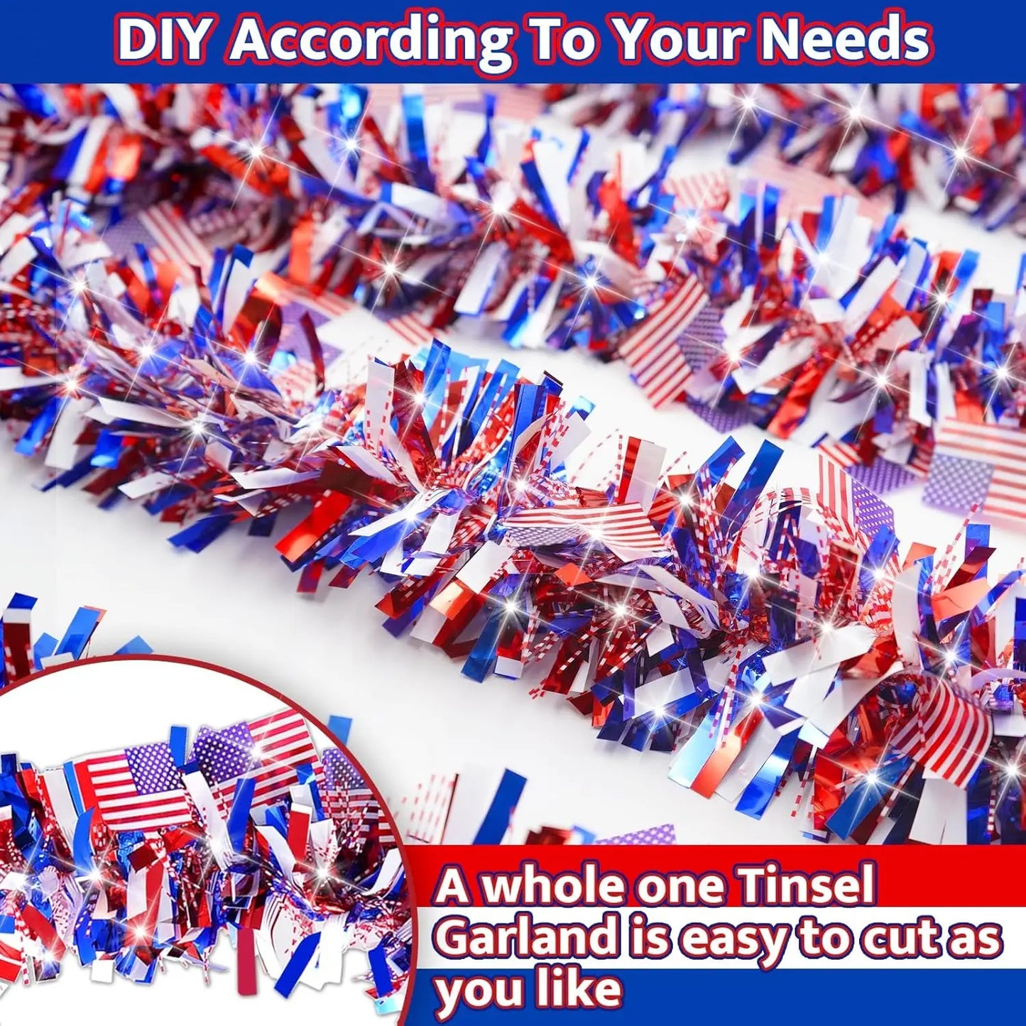 50FT Patriotic Tinsel Garland – Red, White & Blue 4th of July Decoration for Indoor & Outdoor Use
