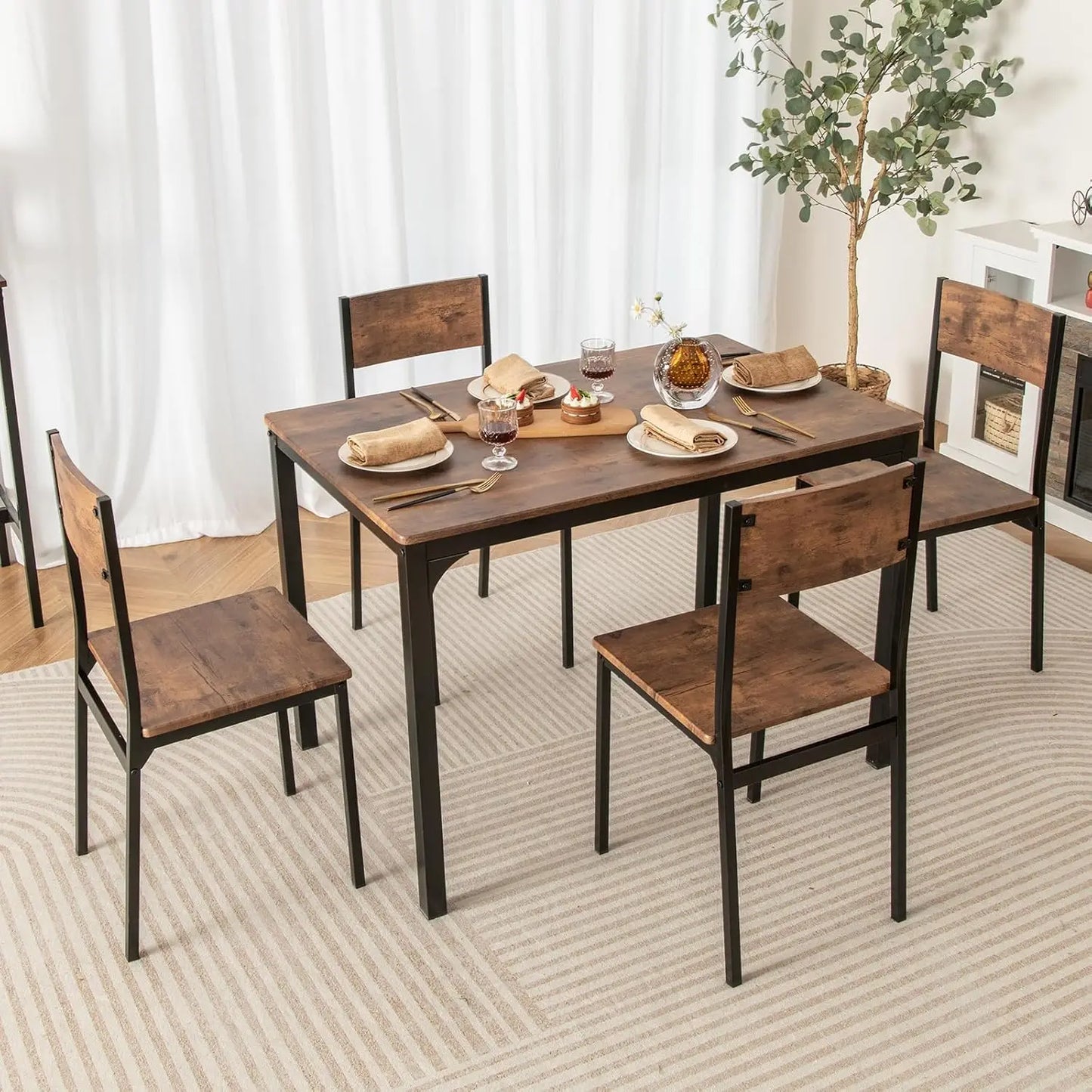 5-Piece Dining Table Set - Table and 4 Chairs with Backrest and Metal Frame