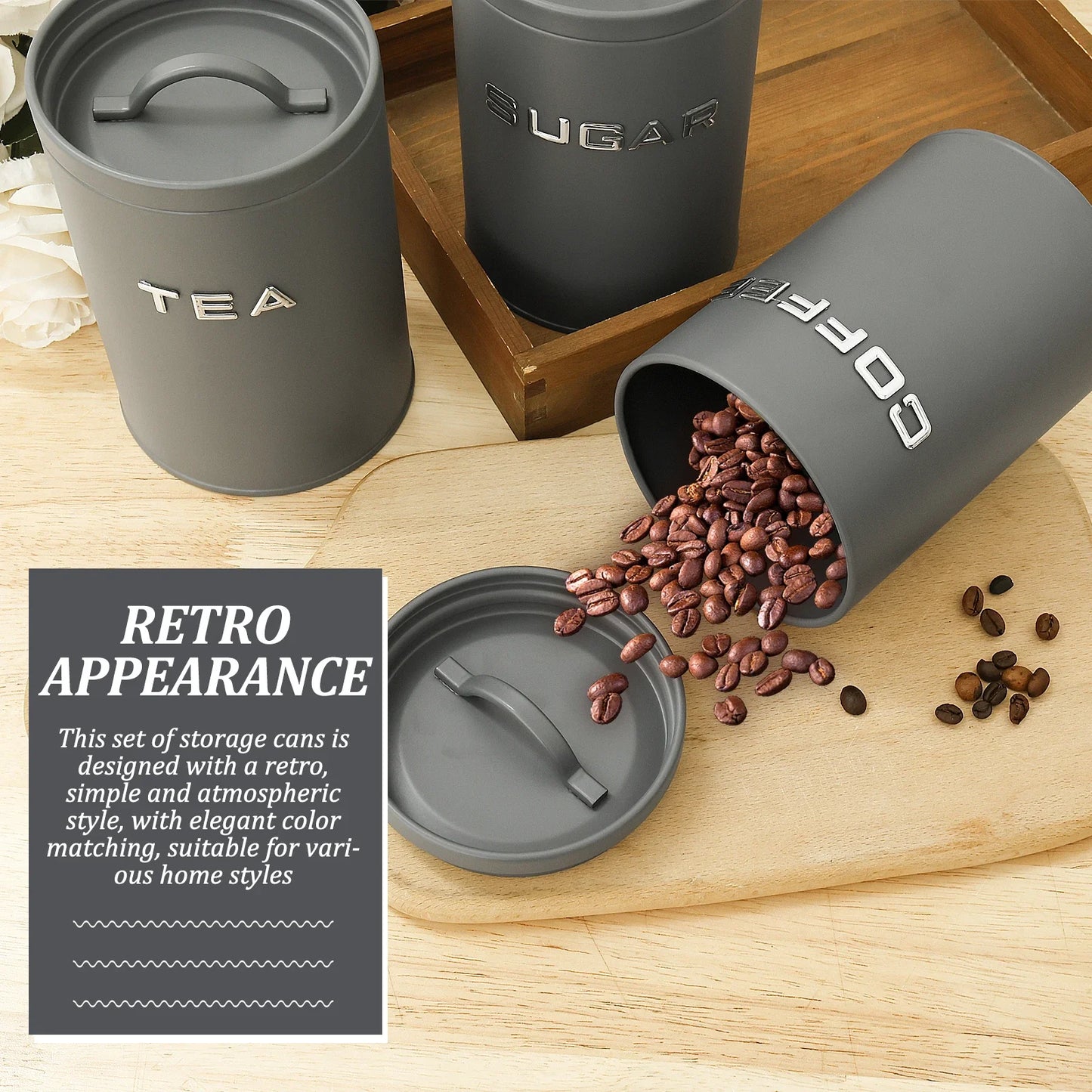 3‑Piece Tea, Coffee & Sugar Canister Set – Airtight Metal Kitchen Containers with Lids
