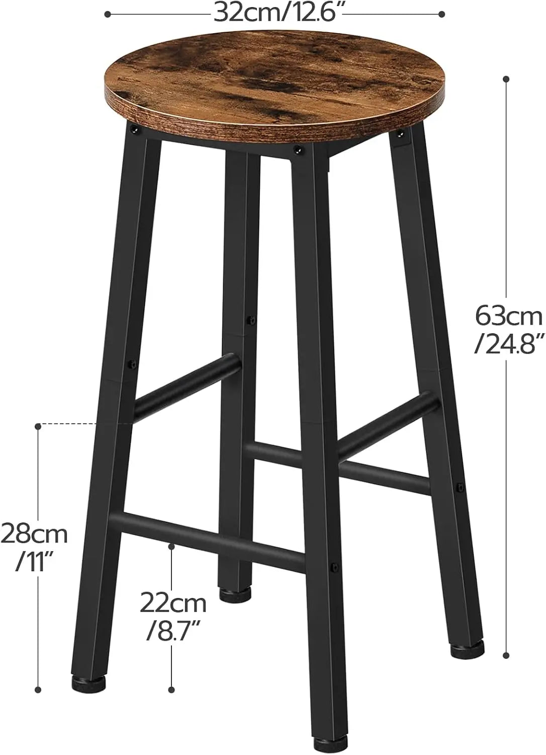 Set of 2 Bar Stools, Counter Height 24.8", Rustic Brown and Black