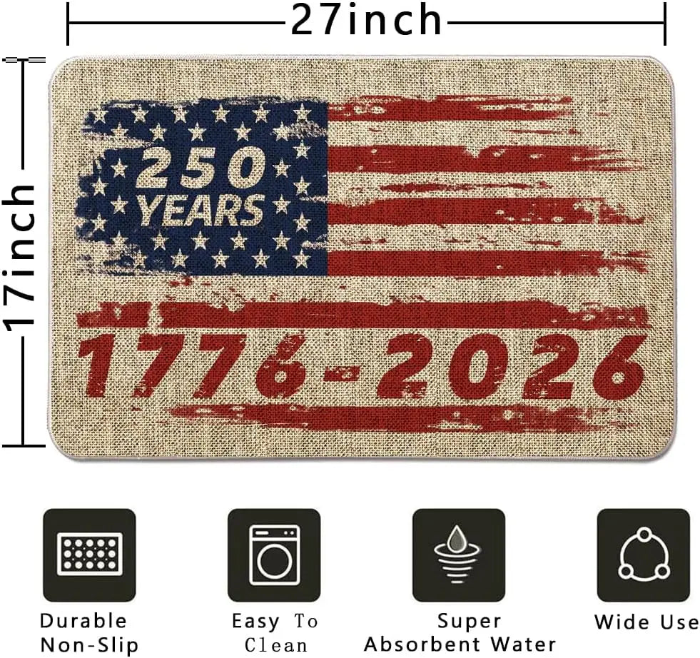 4th of July Patriotic Door Mat – USA 250th Red White Blue Indoor/Outdoor Floor Mat (Multiple Sizes)