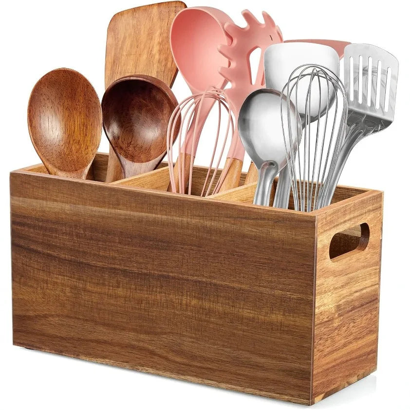 Wooden Utensil Storage Organizer – Countertop Cutlery Holder with 3 Adjustable Compartments