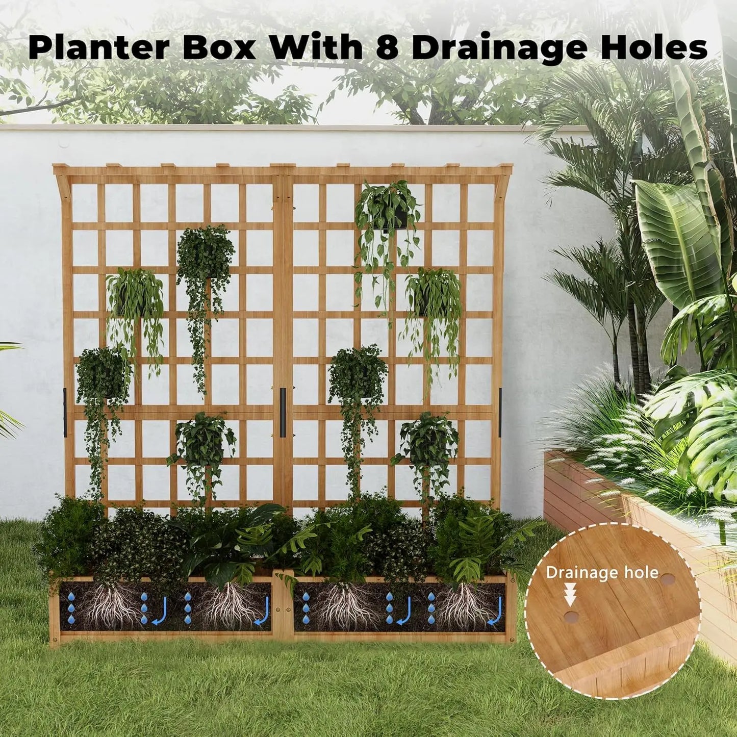 Large Raised Garden Bed with Lattice Trellis for Vine Climbing& Hanging Roof With 8 Drainage Holes