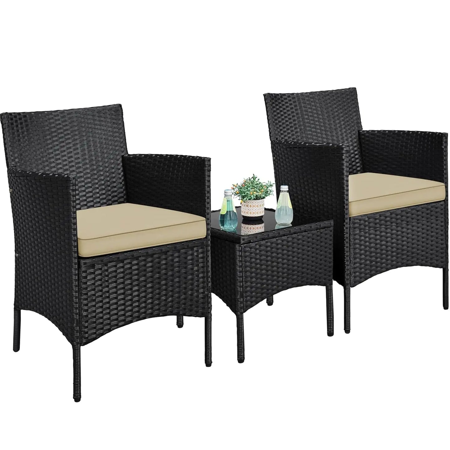3-Piece Outdoor Patio Set: Rattan Chairs, Cushions, & Glass Top Table