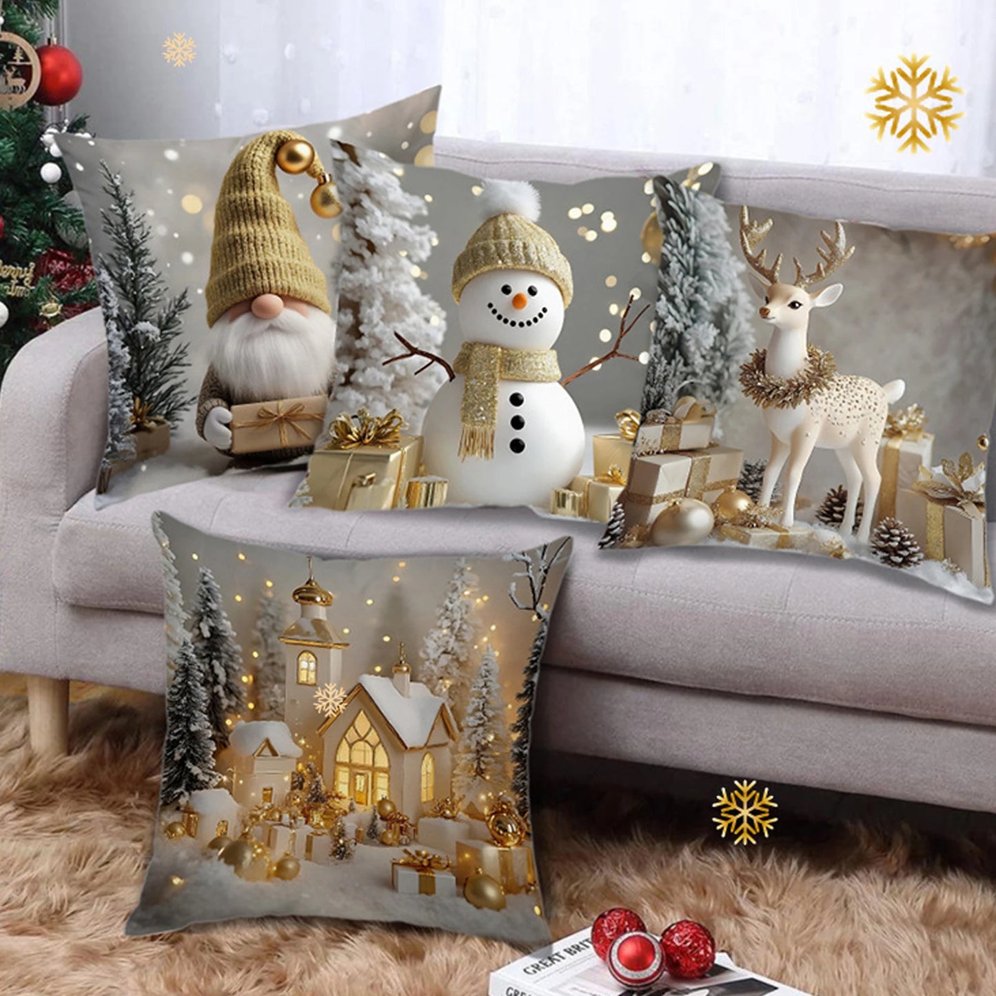 Christmas Pillow Covers (4‑Pack) – Festive Santa, Snowman, Reindeer & Tree Designs