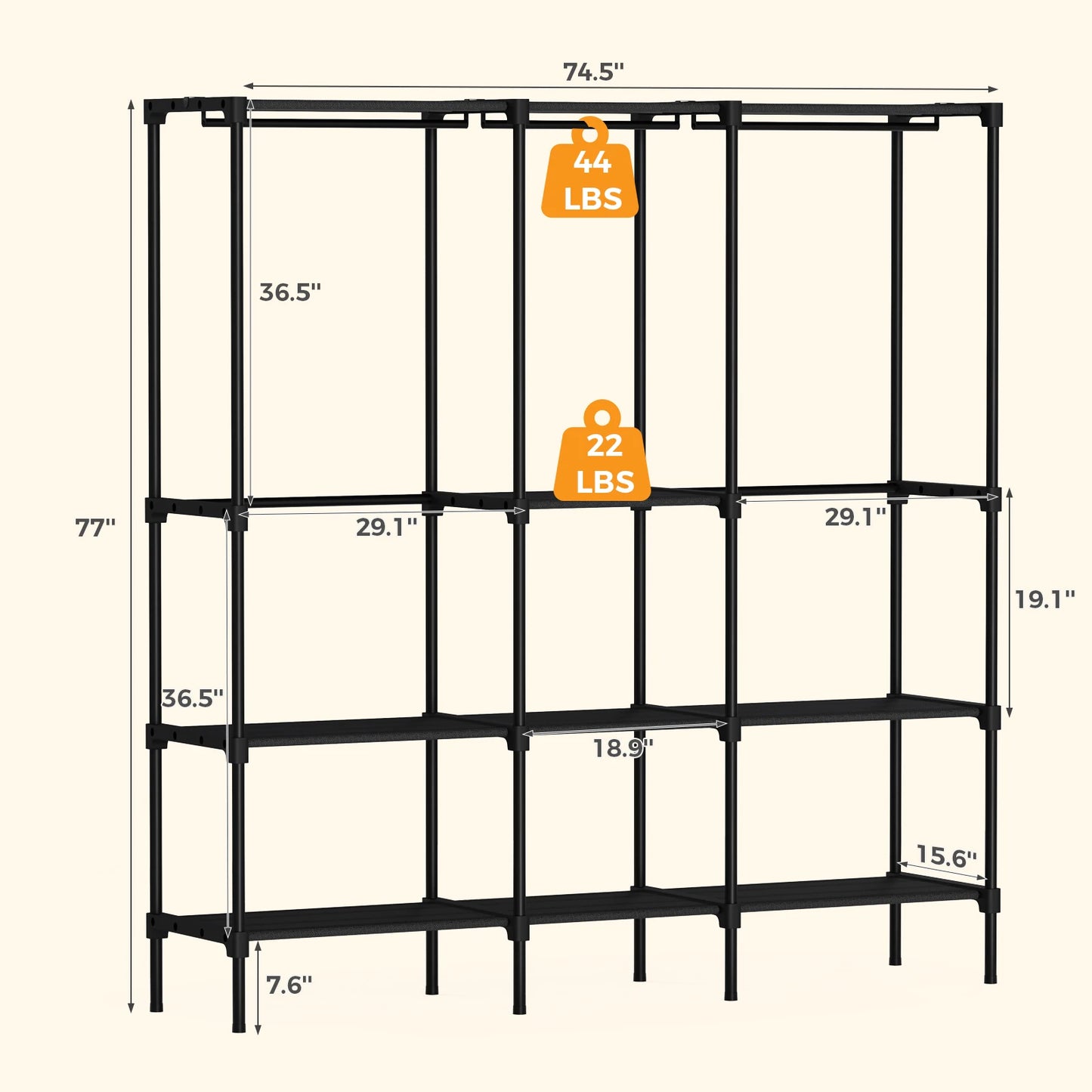 72IN to 81IN Portable Three Rows Wardrobe Closet with Hanging Rods with Shelves