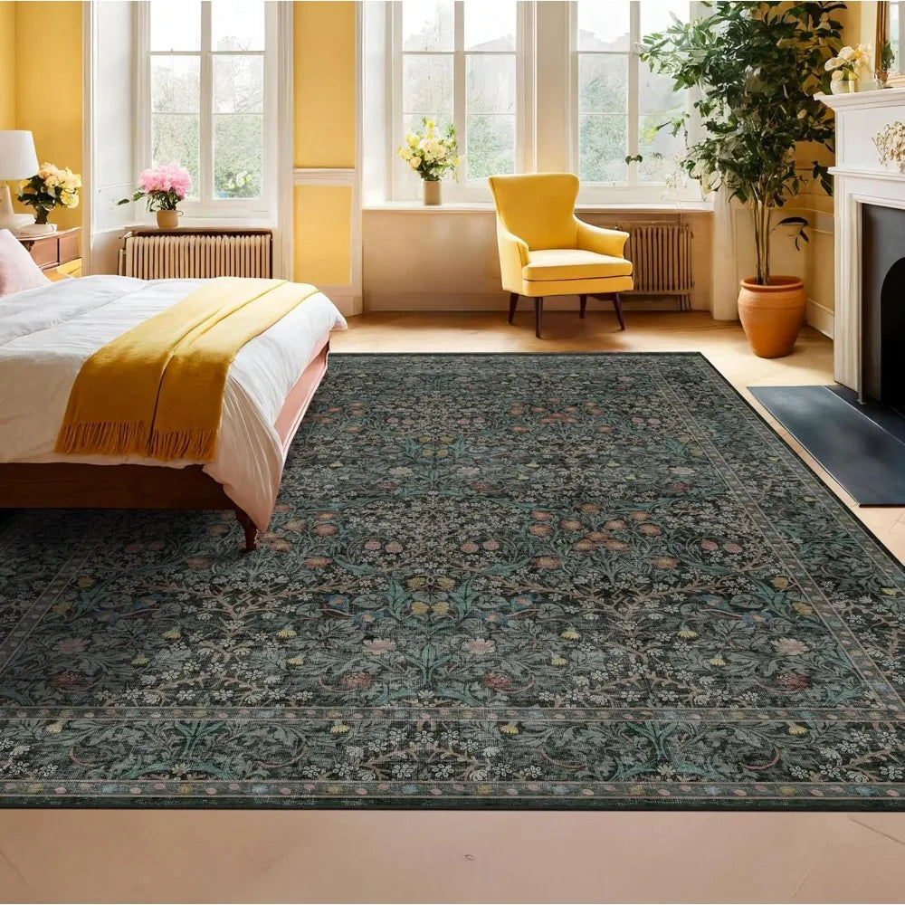 Elegant Dark Green Area Rug – 8x10 Washable Design