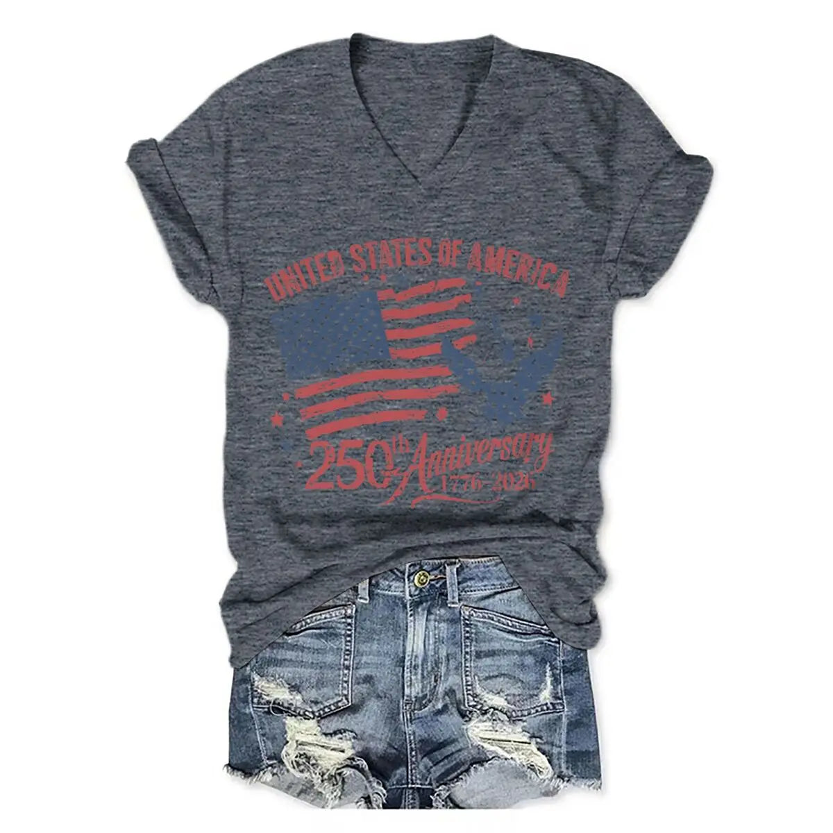 4th of July V-neck T-Shirt Women Clothing America 250th Anniversary Graphic T Shirt 1776-2026 USA 250th Birthday Tops