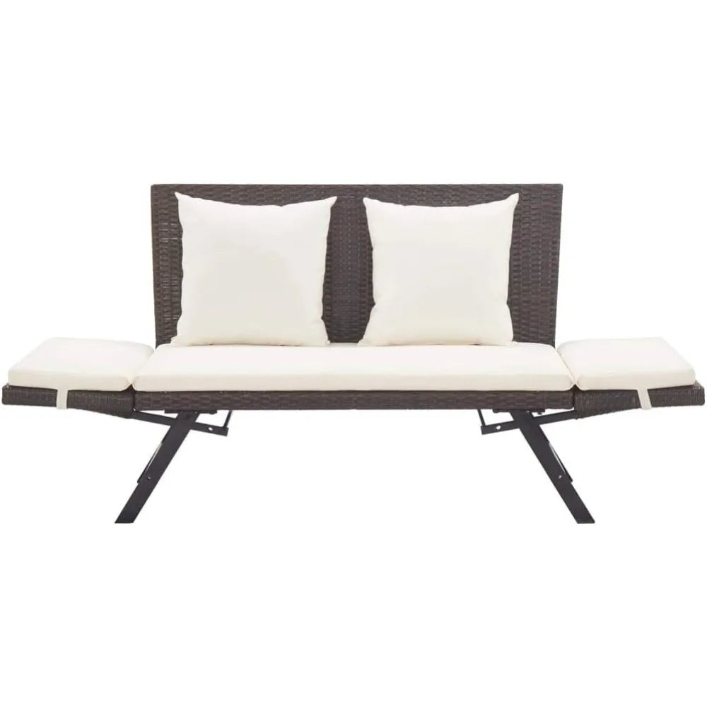 Convertible Bench to Day Bed, Brown Poly Rattan with Cushions, Adjustable Sides