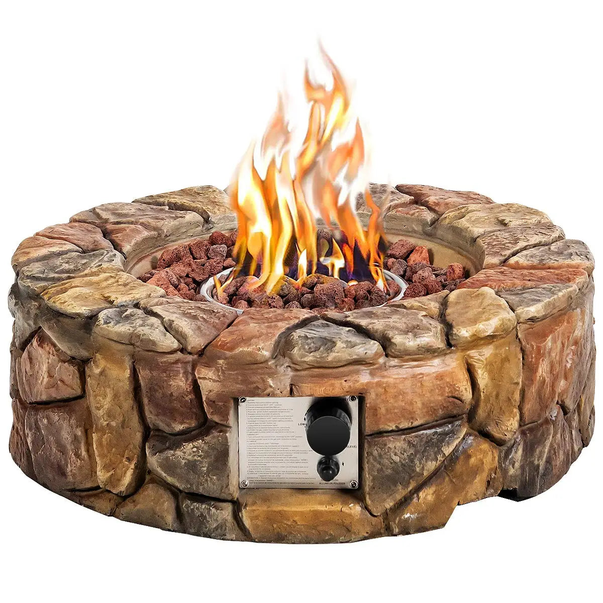 28" Outdoor Gas Fire Pit – Natural Stone Propane Fire Bowl with Lava Rocks & Cover