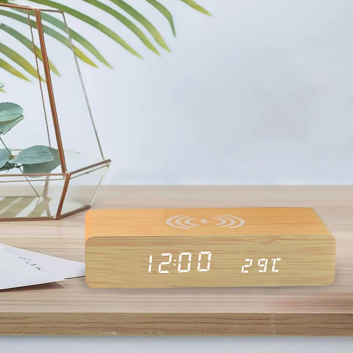 Minimalist Wooden Digital Clock – Wireless Charging Bedside Alarm
