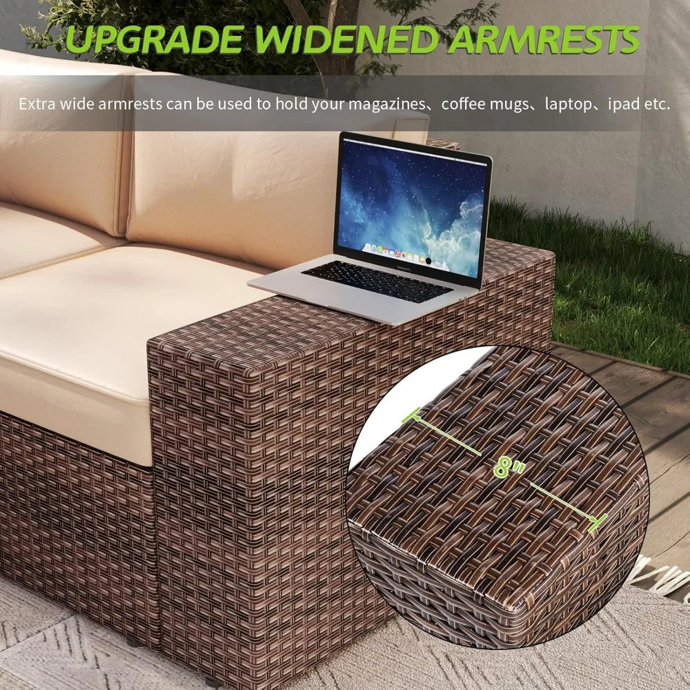 7 Piece Patio Furniture Set with 44 Inch Fire Pit Table, Outdoor Wicker Parlor Set with Thick Cushions