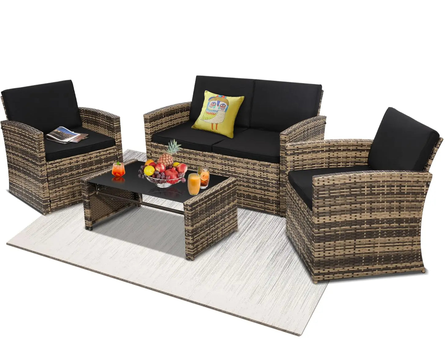4‑Piece All‑Weather Rattan Sectional Sofa – Outdoor Patio Furniture Set with Cushions & Tempered Glass Table