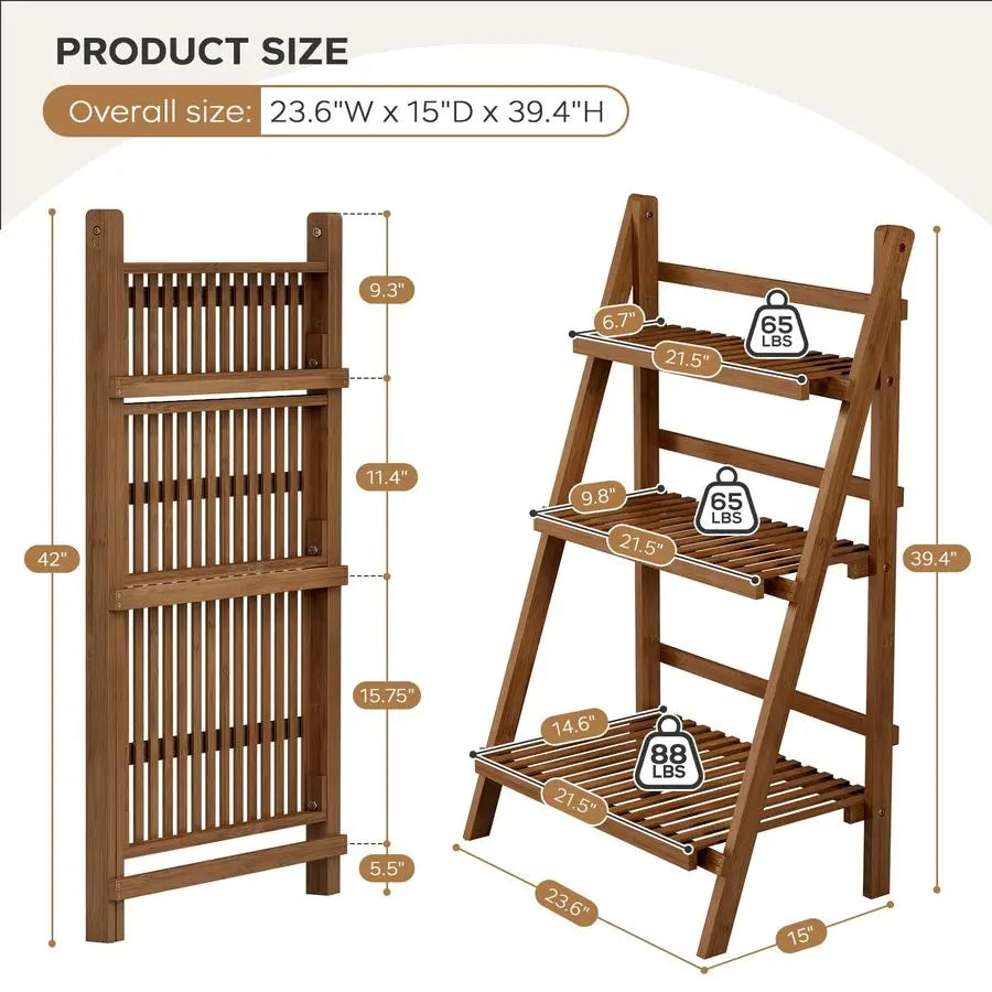 Wooden Ladder, 3 Tier Shelves, Foldable, 23.6W x 15D x 39.4H