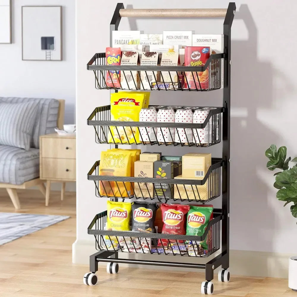 4‑Tier Utility Rolling Storage Cart – Kitchen Pantry Organizer with Solid Wood Handle & 360° Wheels