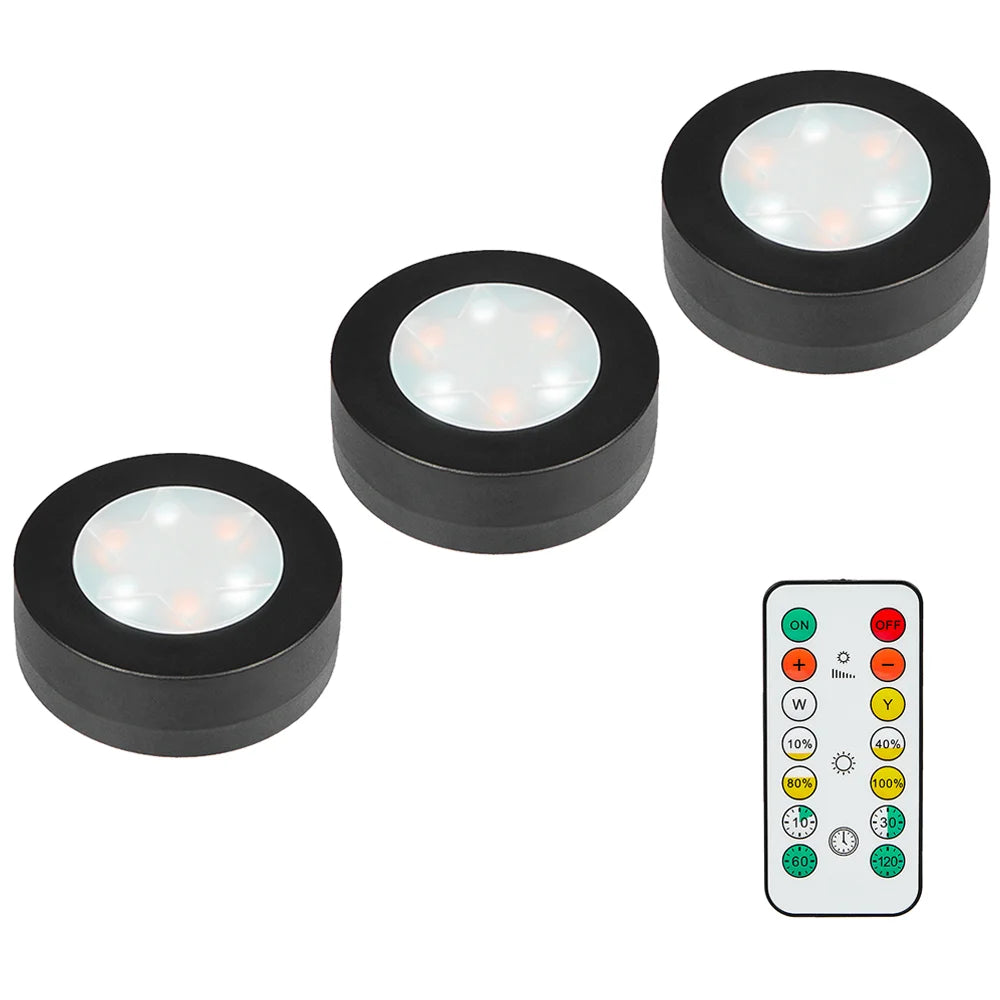 6-Pcs Black Round LED Under Cabinet Closet Light, Dimmable, Remote Control