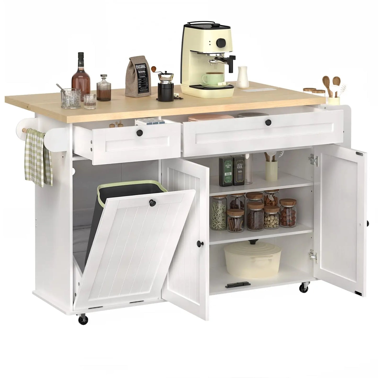 60" Mobile Kitchen Island with Table Drop Leaf, Power Outlets, Spice & Towel Rack, and Trash Cabinet