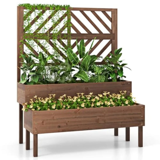 Outdoor Wooden Raised Garden Bed – 2‑Tier Planter Boxes with Trellis & Drainage Holes (Brown)