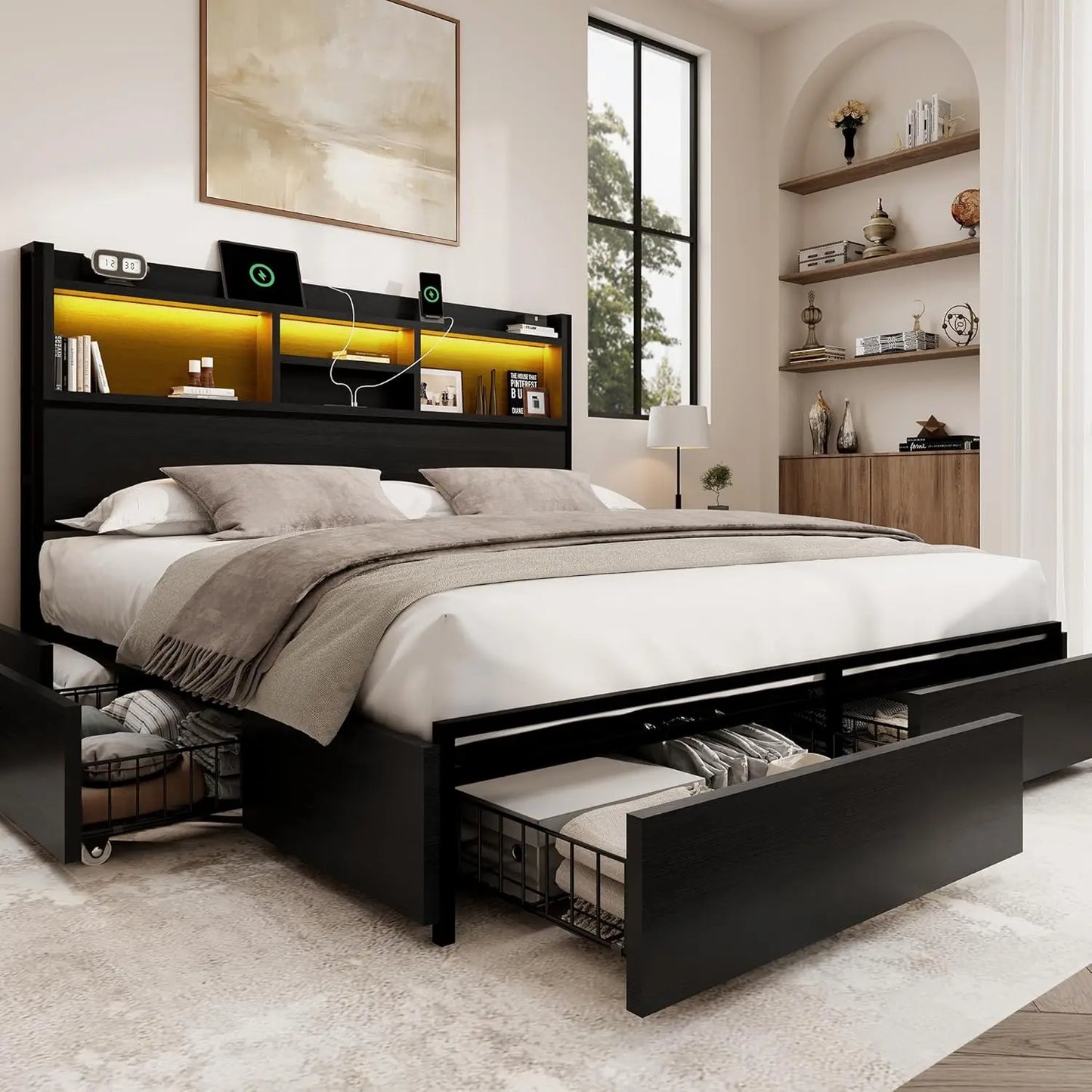 Queen Bed Frame with 6 Storage Drawers, Linen Upholstered Headboard, Built-in USB Charging Station & LED Lighting