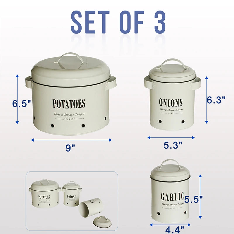 3‑Piece Metal Potato, Onion & Garlic Canister Set – Countertop Storage Containers with Lids