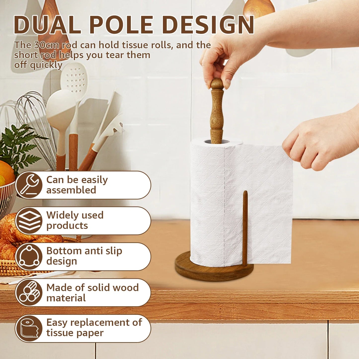 Vertical Wooden Paper Towel Holder – Countertop Roll Organizer with Anti-Skid Base for Kitchen Storage