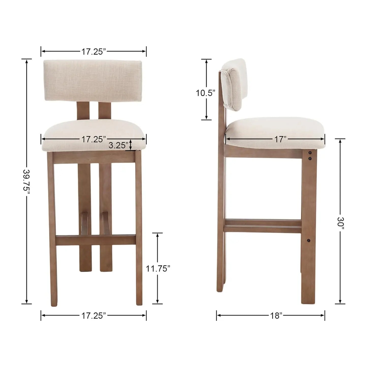30" Wooden Bar Stools (Set of 4) – Curved Back Counter Chairs with Linen Upholstered Seat