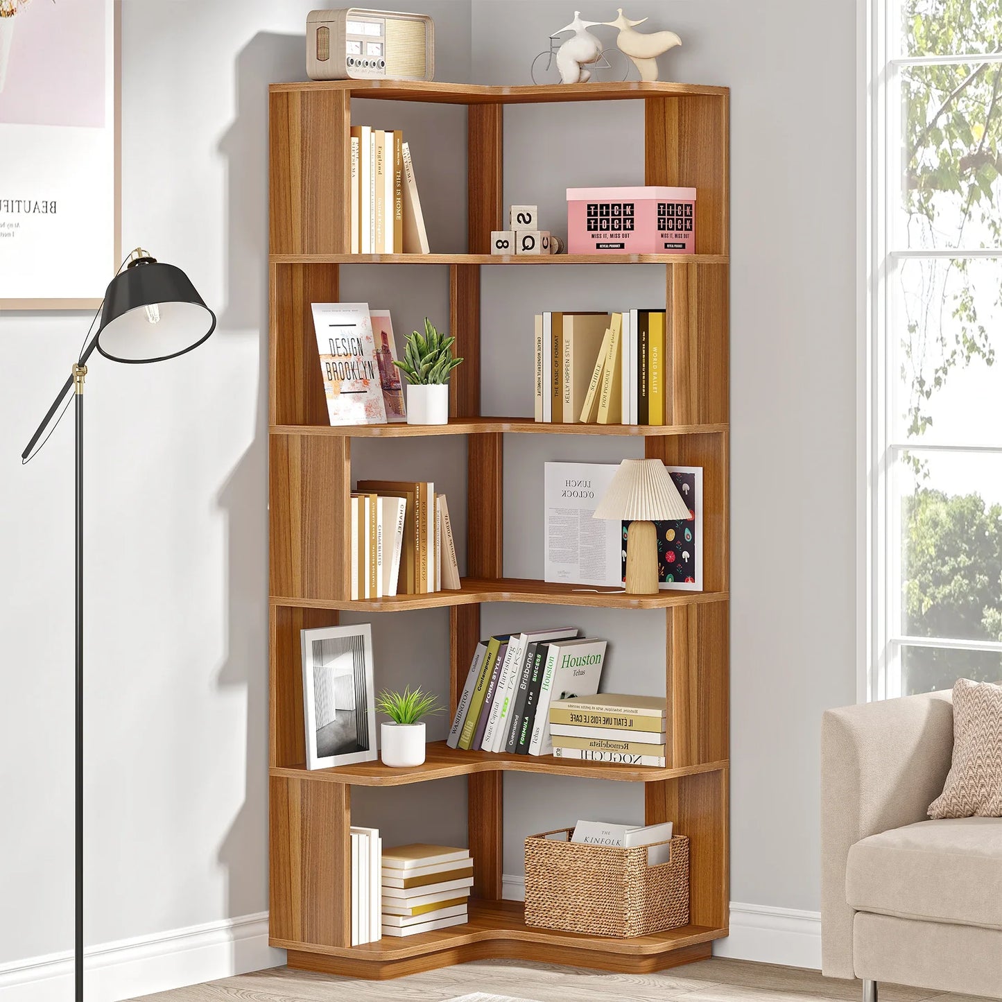 65" Tall Industrial Corner Bookshelf | 6-Tier Storage Bookcase with Anti-Drop Panels