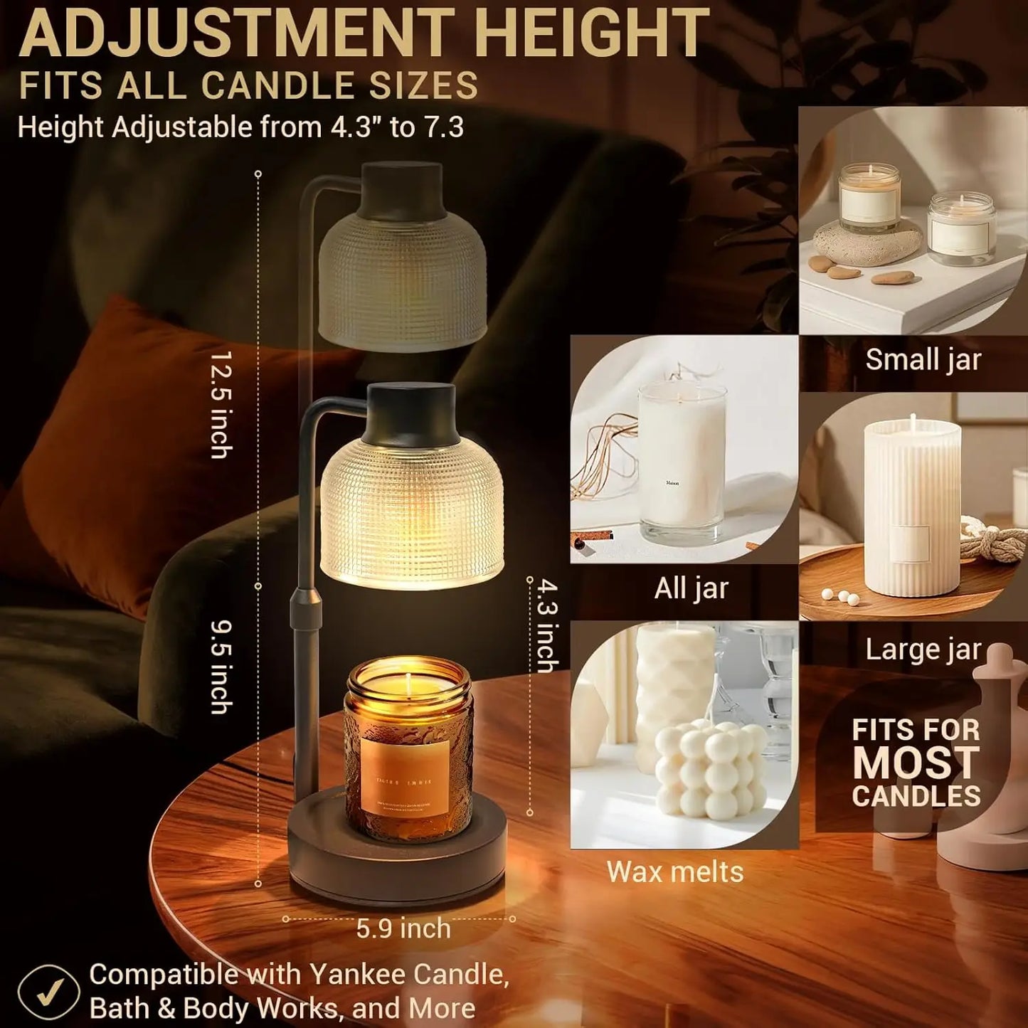 Candle Warmer Lamp: Adjustable Height, Dimmer, Timer