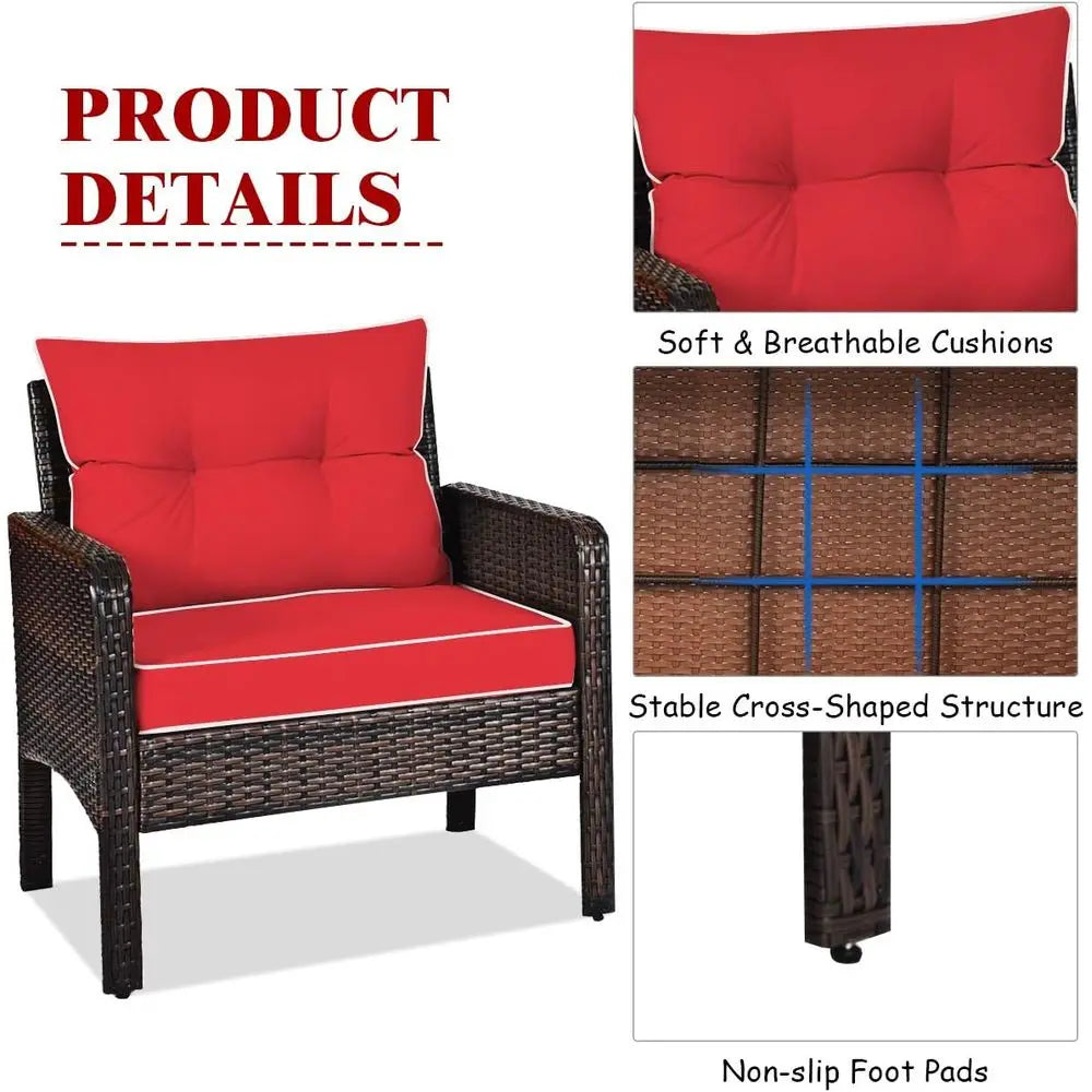 3‑Piece Outdoor Patio Furniture Set – Wicker Chairs with Glass‑Top Coffee Table & Thick Cushions
