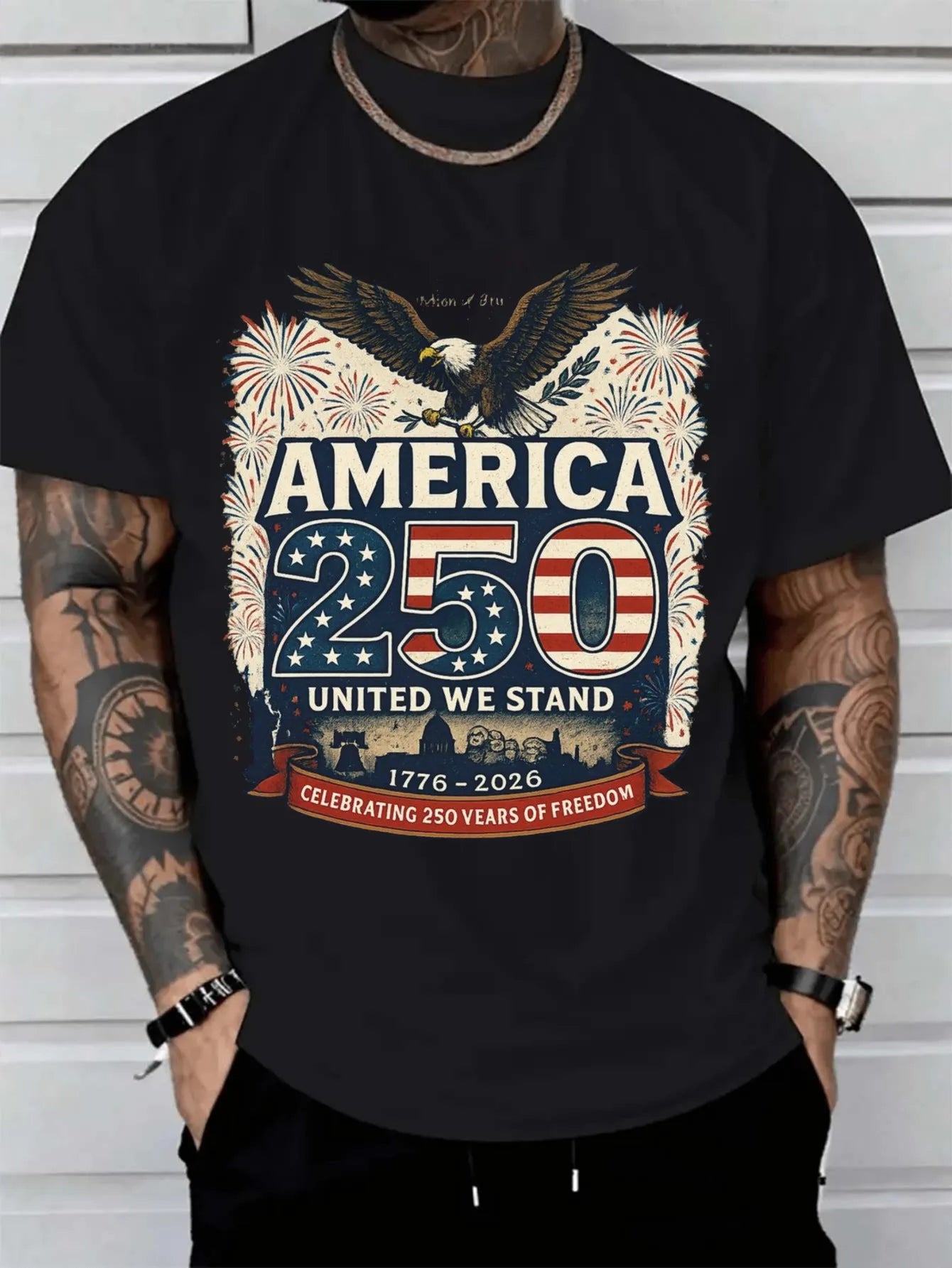 Men's Patriotic 250Th Anniversary Eagle T-Shirt - Vintage American Flag Design with America 250 Text Red White & Blue Print Casual