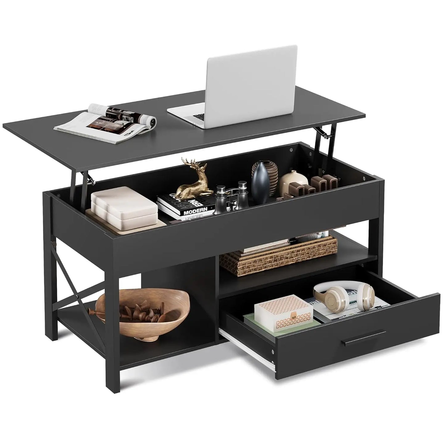 39" Lift Top Coffee Table with Hidden Compartment, Storage Drawers and Storage Shelf for Living Room