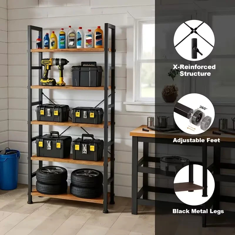5-Tier Industrial Black Freestanding Bookcase & Shelving Rack | Sturdy Multi-Purpose Organizer for Garage, Home, Office, Living
