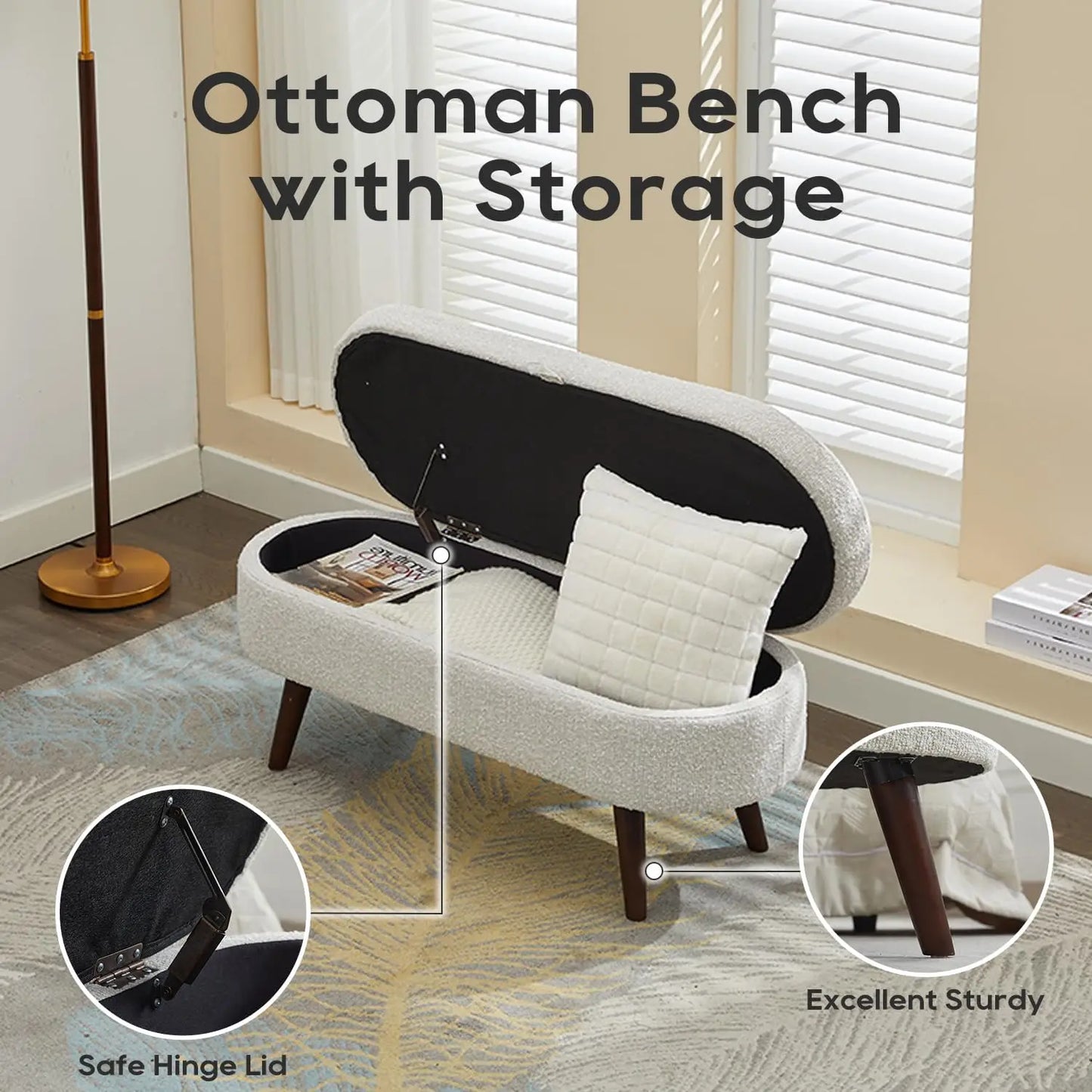 44" Storage Ottoman Bench, 300Lb. Capacity, Upholstered with Wood Legs