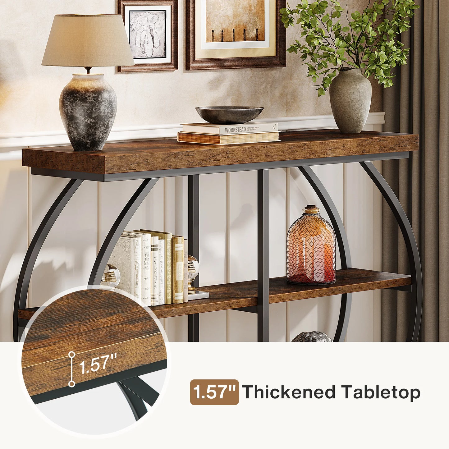 41" Console Table, 3-Tier Entryway Table with Arched Metal Frame and Storage Shelves for Living Room