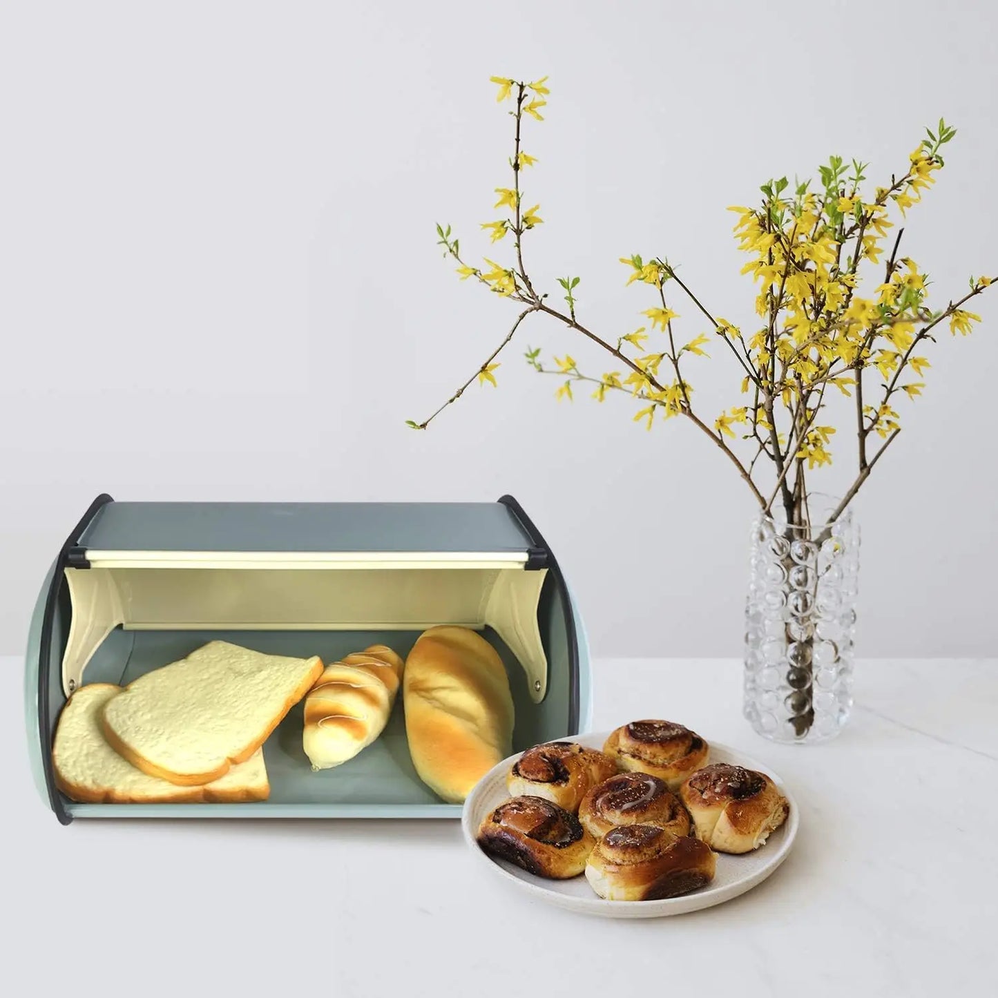 Vintage Metal Bread Box with Roll Top, Rust-Proof Kitchen Storage Container for Countertop